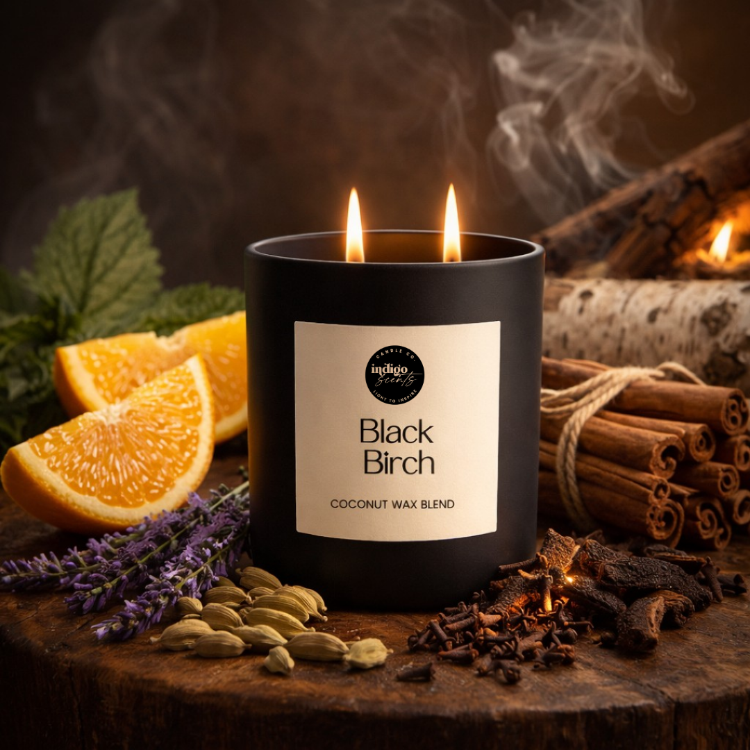 Black Birch candle with ingredients like oranges, cinnamon sticks, and lavender on a dark background