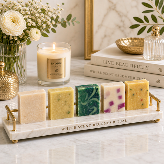 Set of soaps on a marble tray with a candle and decorative items in the background.
