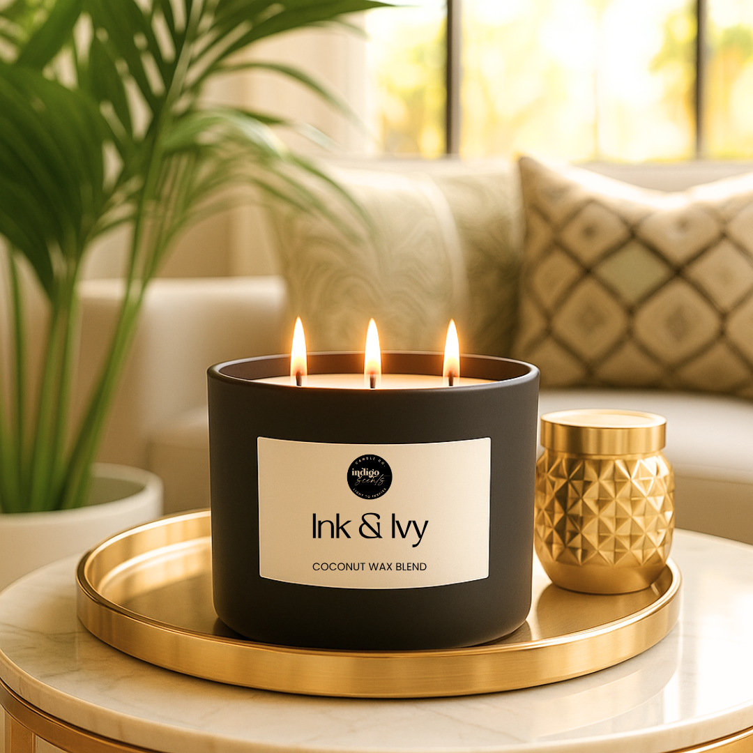 Ink & Ivy three wick candle on gold tray with warm glow and elegant home decor setting