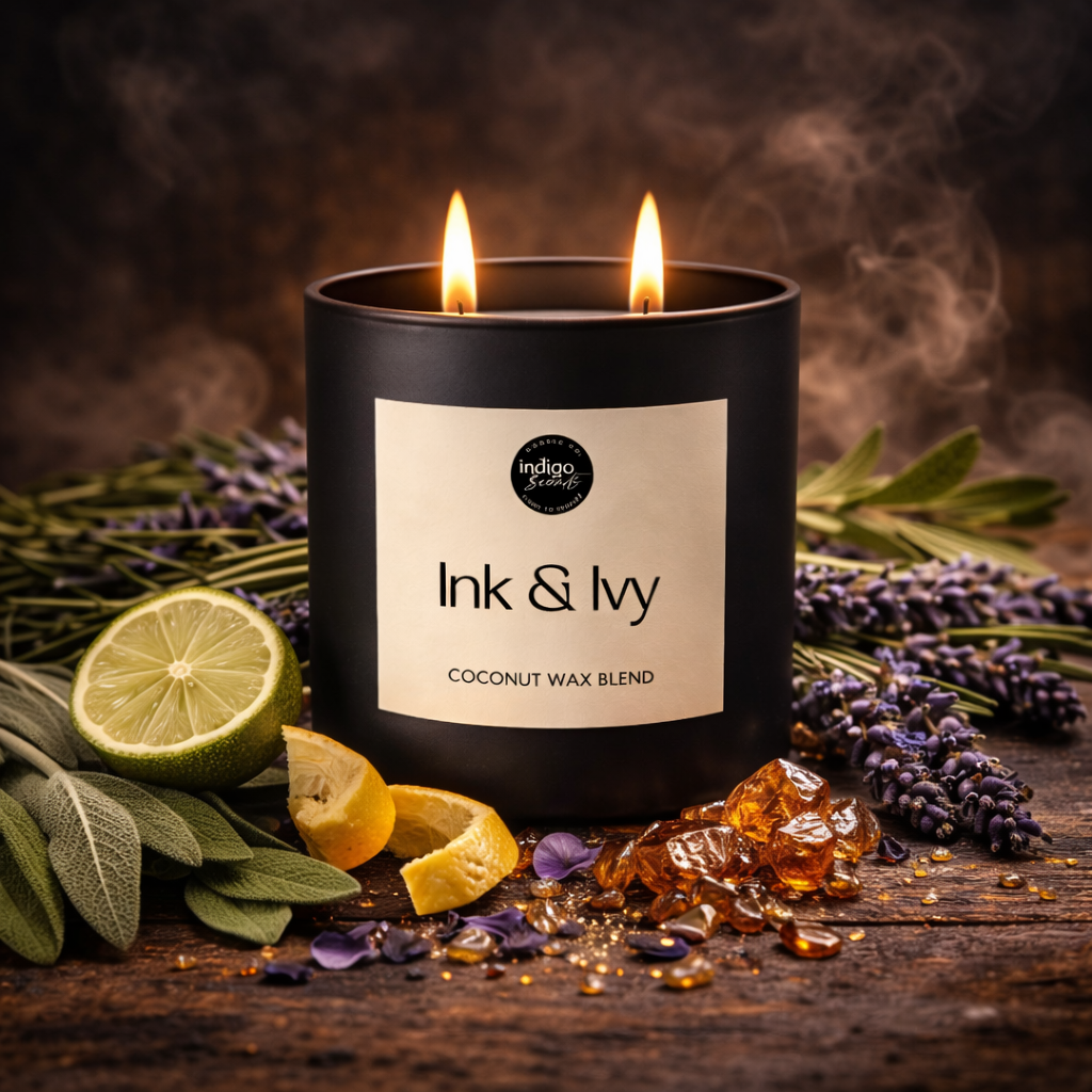 Ink & Ivy candle fragrance notes with lavender, sage, citrus, and amber on a warm rustic background