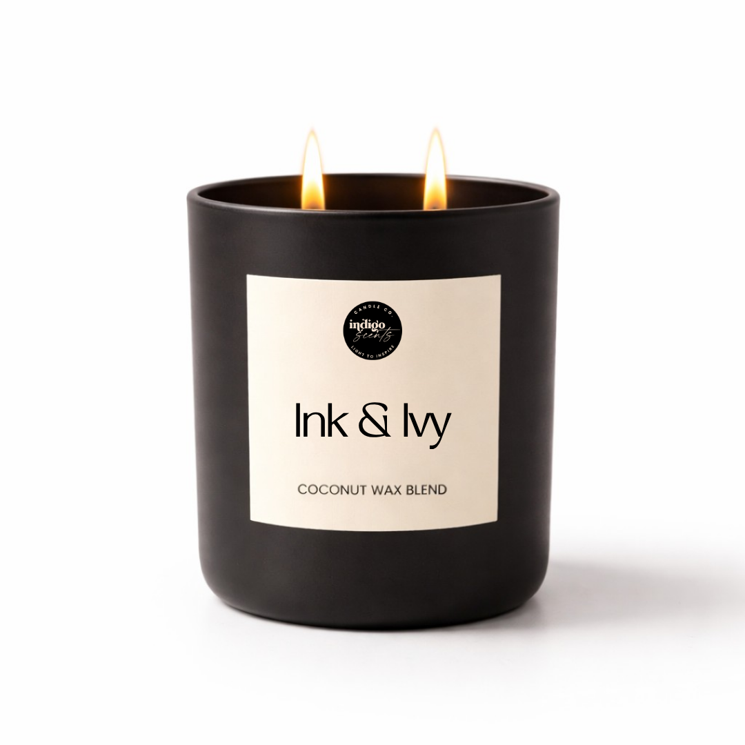 Ink & Ivy coconut wax candle in matte black jar with minimalist label and double wick