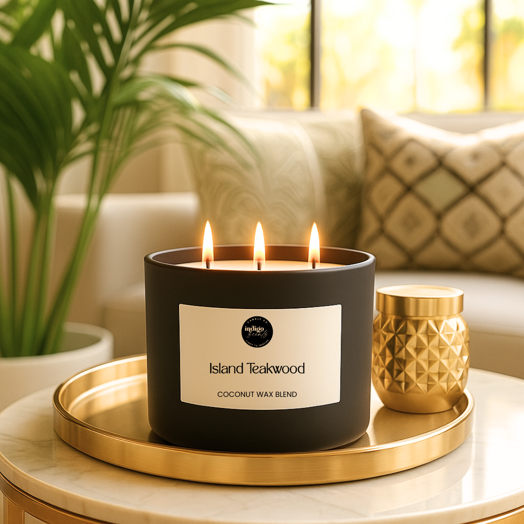 16oz Island Teakwood grand candle with a bold blend of citrus, tobacco leaf, teakwood, amber, and musk for a luxurious ambiance
