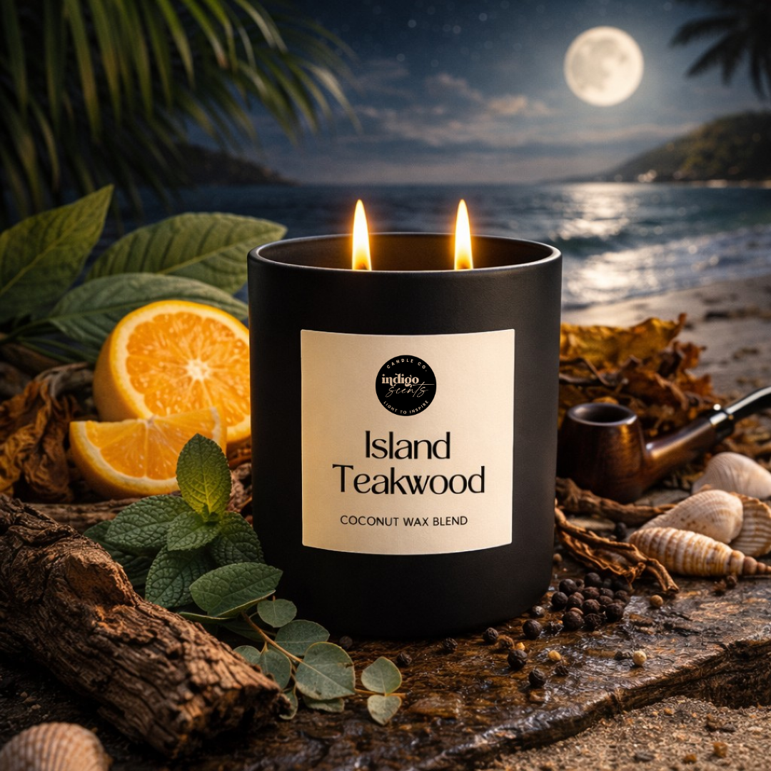 Island Teakwood candle scent photo showcasing a luxurious blend of bright citrus, tobacco leaf, warm teakwood, amber, and musk