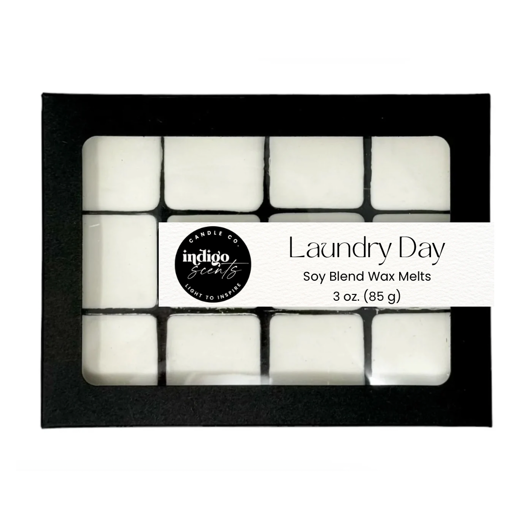 Indigo Scents laundry day scented wax melts. Clean cotton scent.