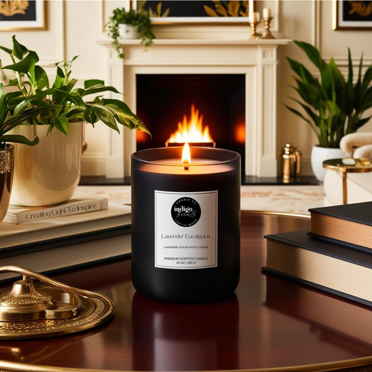 Lavender Eucalyptus scented candle in a matte black jar