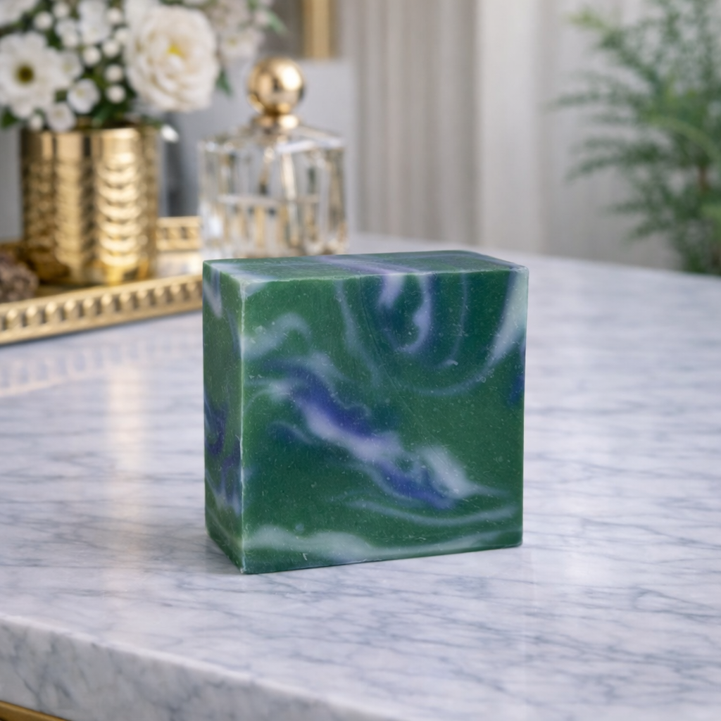 Green and blue marbled soap bar on a marble surface with decorative items in the background