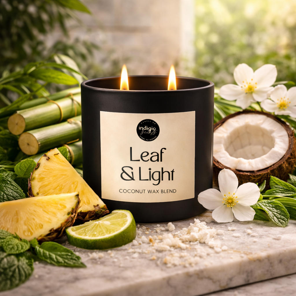 Leaf & Light fragrance notes with pineapple, coconut, bamboo, and fresh greenery in a bright tropical setting