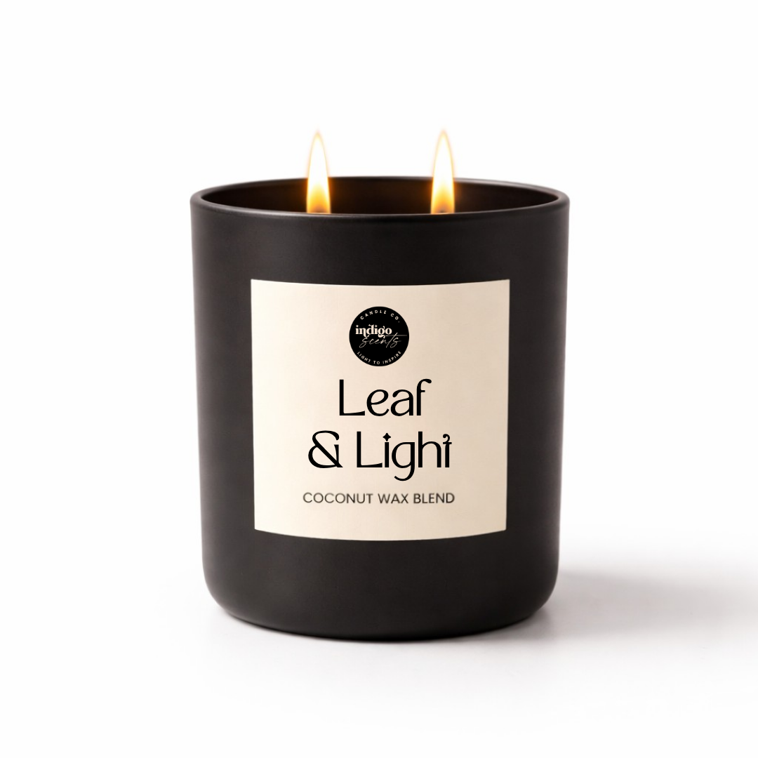 Leaf & Light coconut wax candle in matte black jar with minimalist label and double wick
