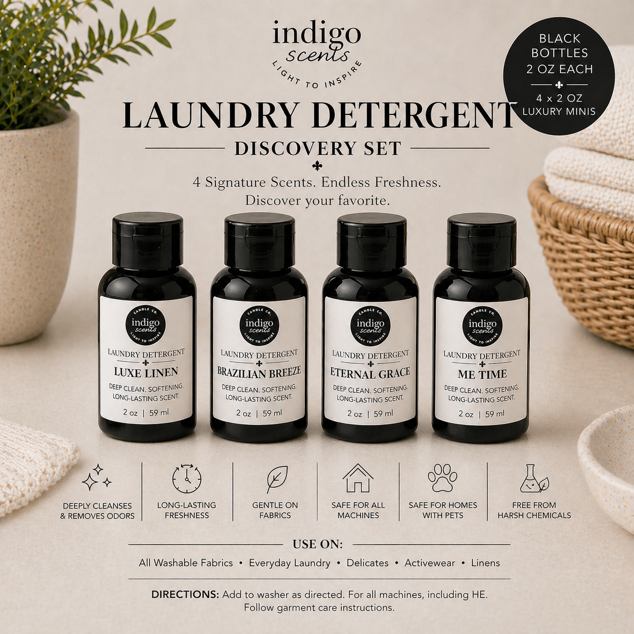 Indigo Scents laundry detergent discovery set with four bottles on a neutral background