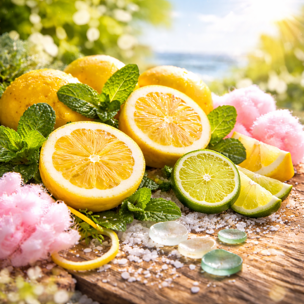 Fresh lemons, bergamot, limes, cotton candy, and mint leaves on a wooden surface with a blurred natural background.