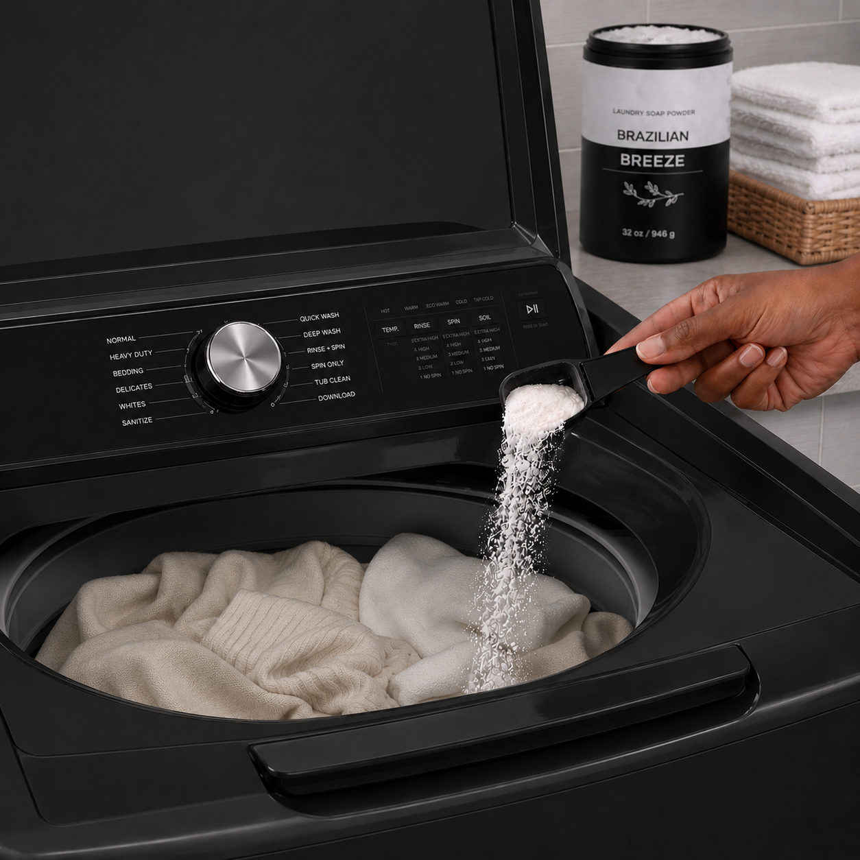 Laundry powder being poured into a washing mchine full of line.