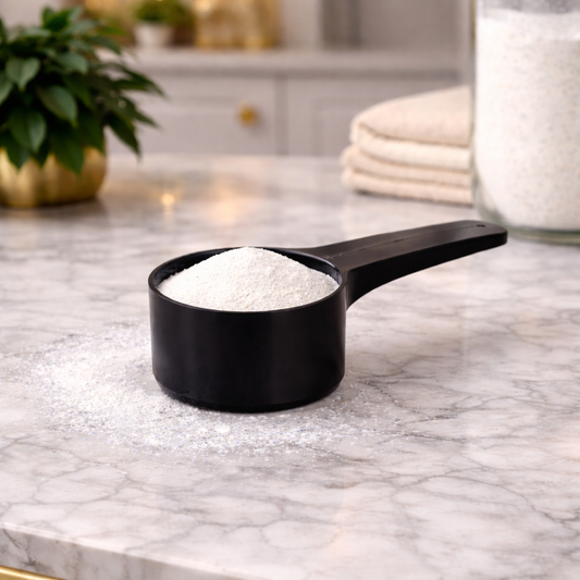 Black reusable laundry scoop filled with white detergent on marble countertop with luxury home background