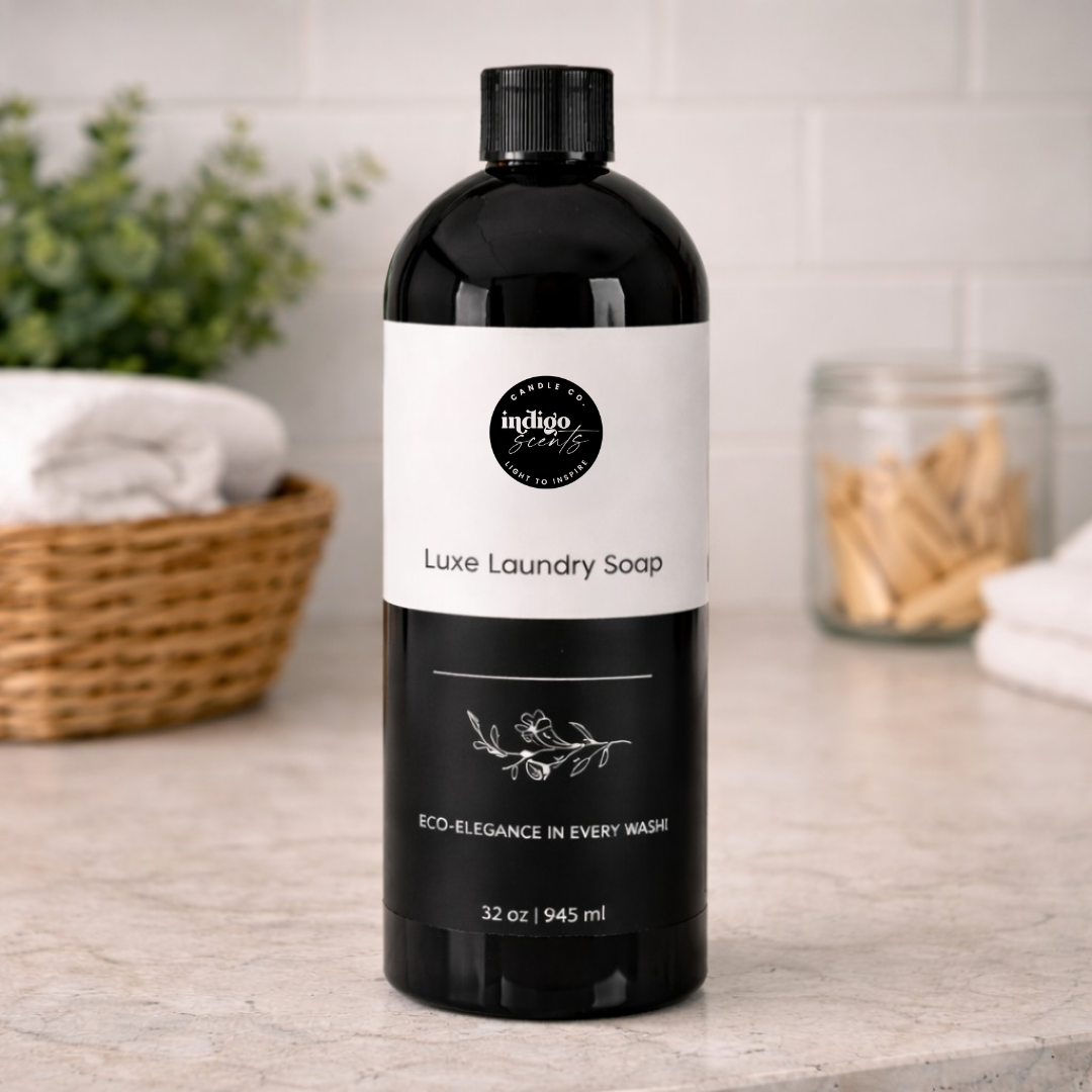 Luxury liquid laundry soap by Indigo Scents displayed on an elegant countertop by a laundry basket with white towels.