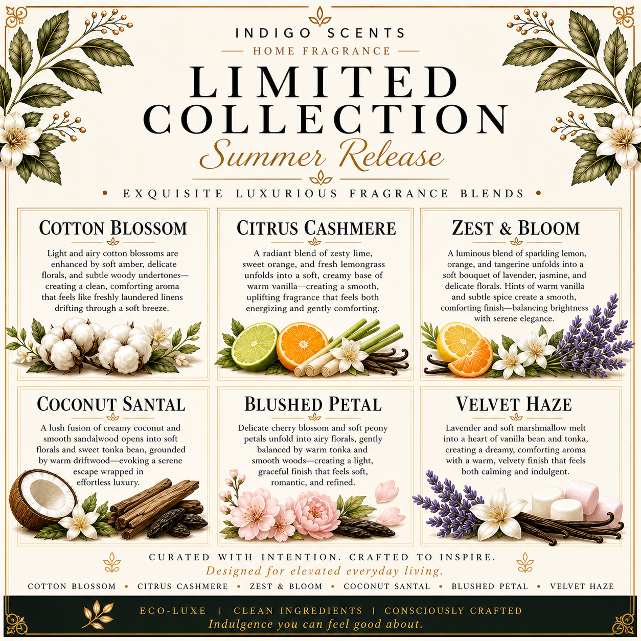 Elegant square scent guide showcasing Indigo Scents Summer Release with six curated fragrances including citrus, floral, and warm blends, presented with gold accents, botanical artwork, and detailed fragrance descriptions.