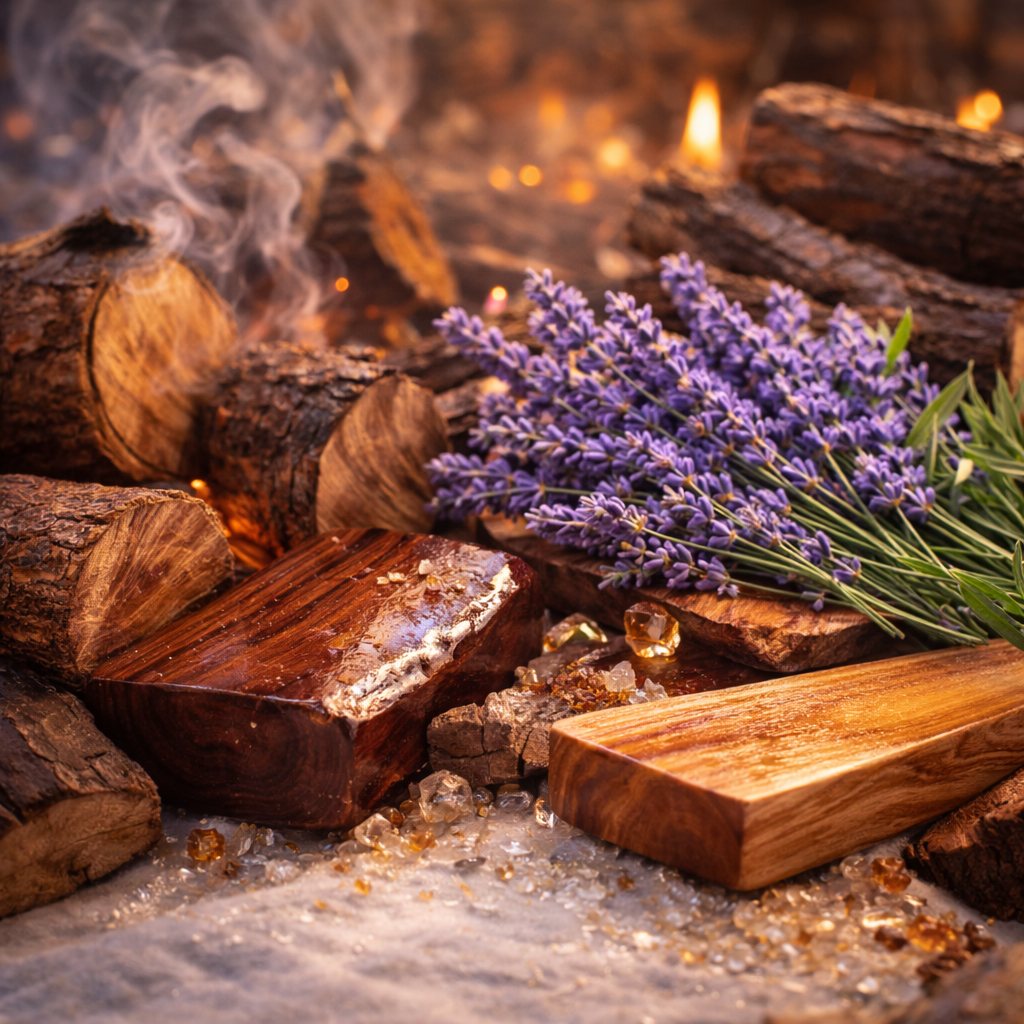 Wooden logs, mahogany wood, and lavender with a warm glow, possibly from a fire.