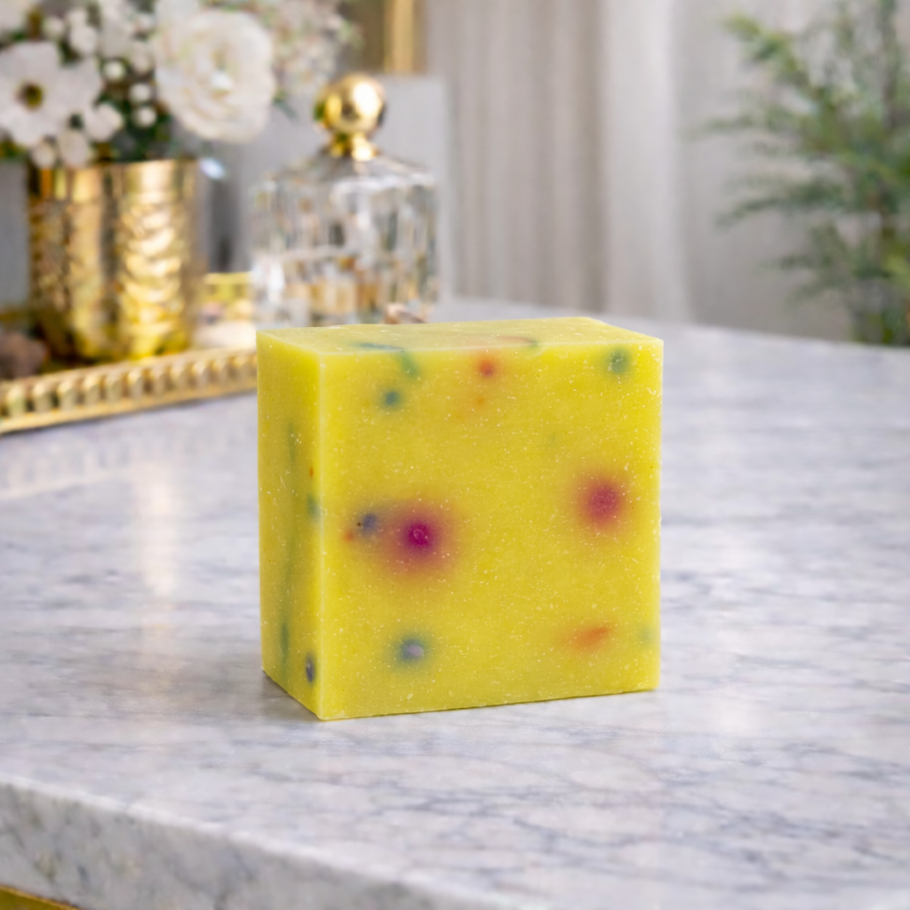 Yellow soap bar with colorful specks on a marble surface, decorative items in the background