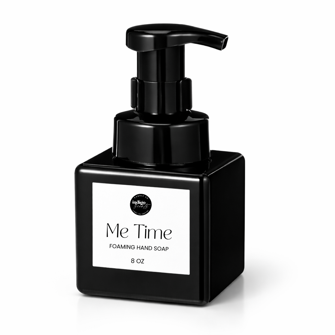 Indigo Scents Me Time foaming hand soap in a black square bottle with pump and white label, isolated product image.