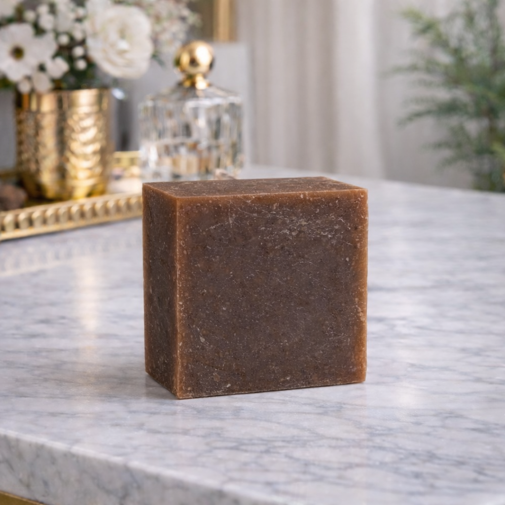 Square bar of soap on a marble surface with decorative items in the background