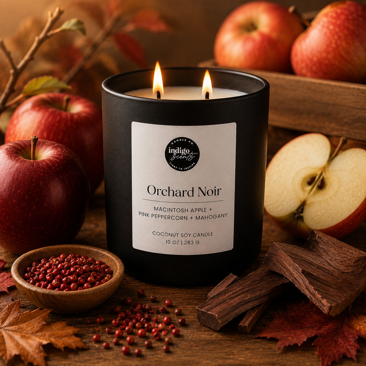 A cinematic autumn scene featuring Orchard Noir surrounded by Macintosh apples, scattered leaves, mahogany wood accents, and the soft glow of candlelight. Warm golden tones and natural textures evoke the feeling of an evening walk through the orchard just before sunset.