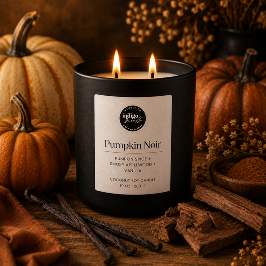 Pumpkin Noir luxury coconut soy candle by Indigo Scents styled with heirloom pumpkins, vanilla beans, and rustic applewood in an elegant fall setting.