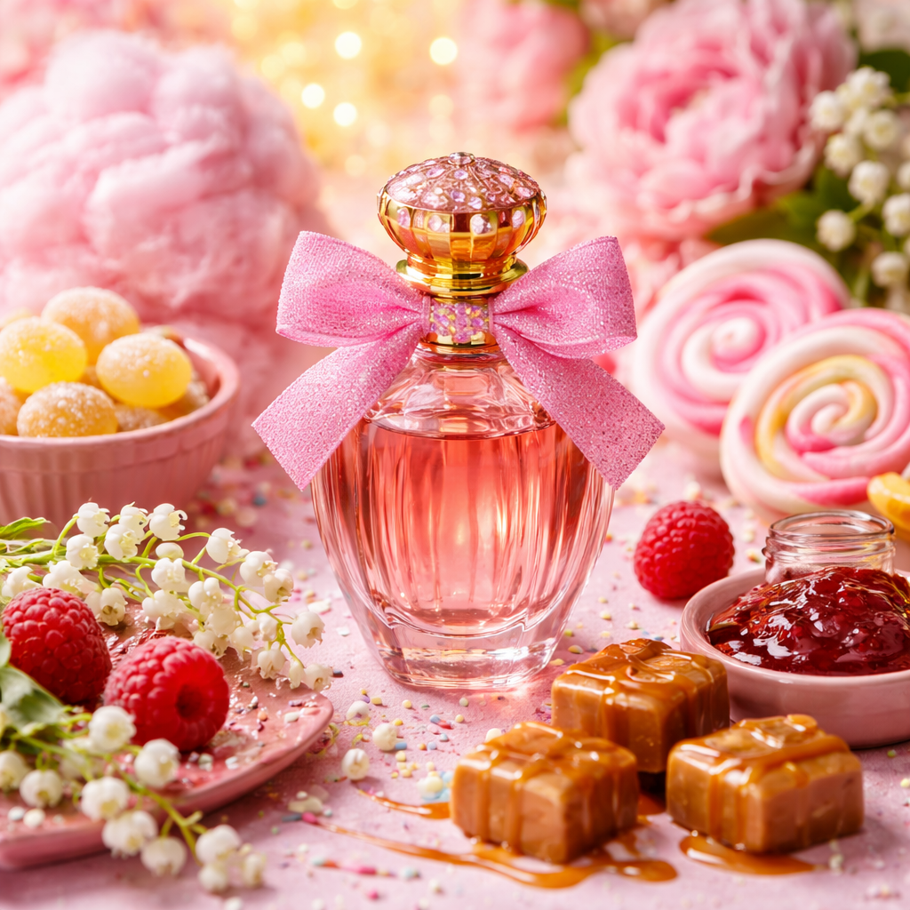 Pink perfume bottle with a bow surrounded by flowers, candies, and pastries on a pink background