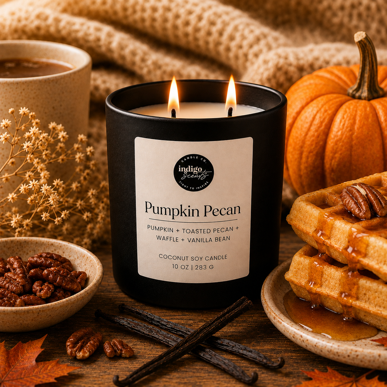 A black candle jar labeled 'Pumpkin Pecan' by Indigo Scents, styled on a rustic wooden table with a mug, a small pumpkin, waffles with syrup and pecans, vanilla beans, and fall leaves. The candle is lit with two visible flames.