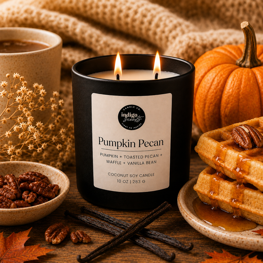 A black candle jar labeled 'Pumpkin Pecan' by Indigo Scents, styled on a rustic wooden table with a mug, a small pumpkin, waffles with syrup and pecans, vanilla beans, and fall leaves. The candle is lit with two visible flames.