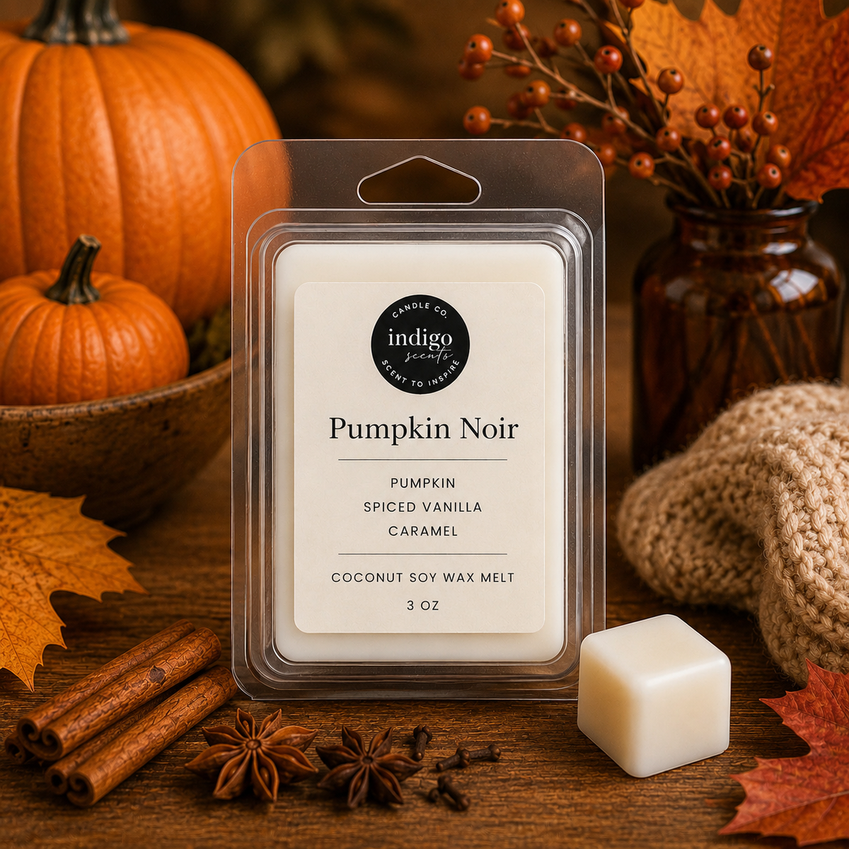 A 3 oz package of Indigo Co. Pumpkin Noir scented soy wax melts, displayed on a rustic wooden table with autumn props including pumpkins, cinnamon sticks, star anise, a knitted sweater, and fall leaves.