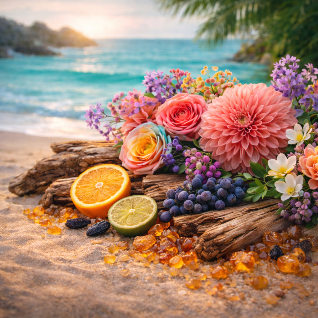 Colorful flowers, fruits, and candies on a beach with ocean view