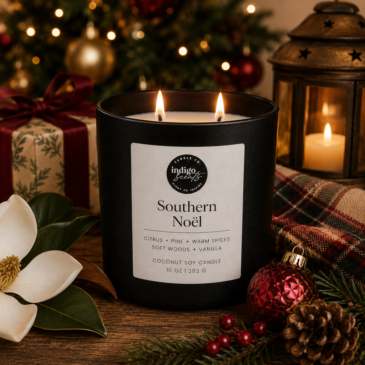 A black candle jar labeled 'Southern Noël' by Indigo Gardens, lit with two flames, styled on a wooden surface with Christmas ornaments, a gift box, a magnolia flower, and warm holiday lights in the background.