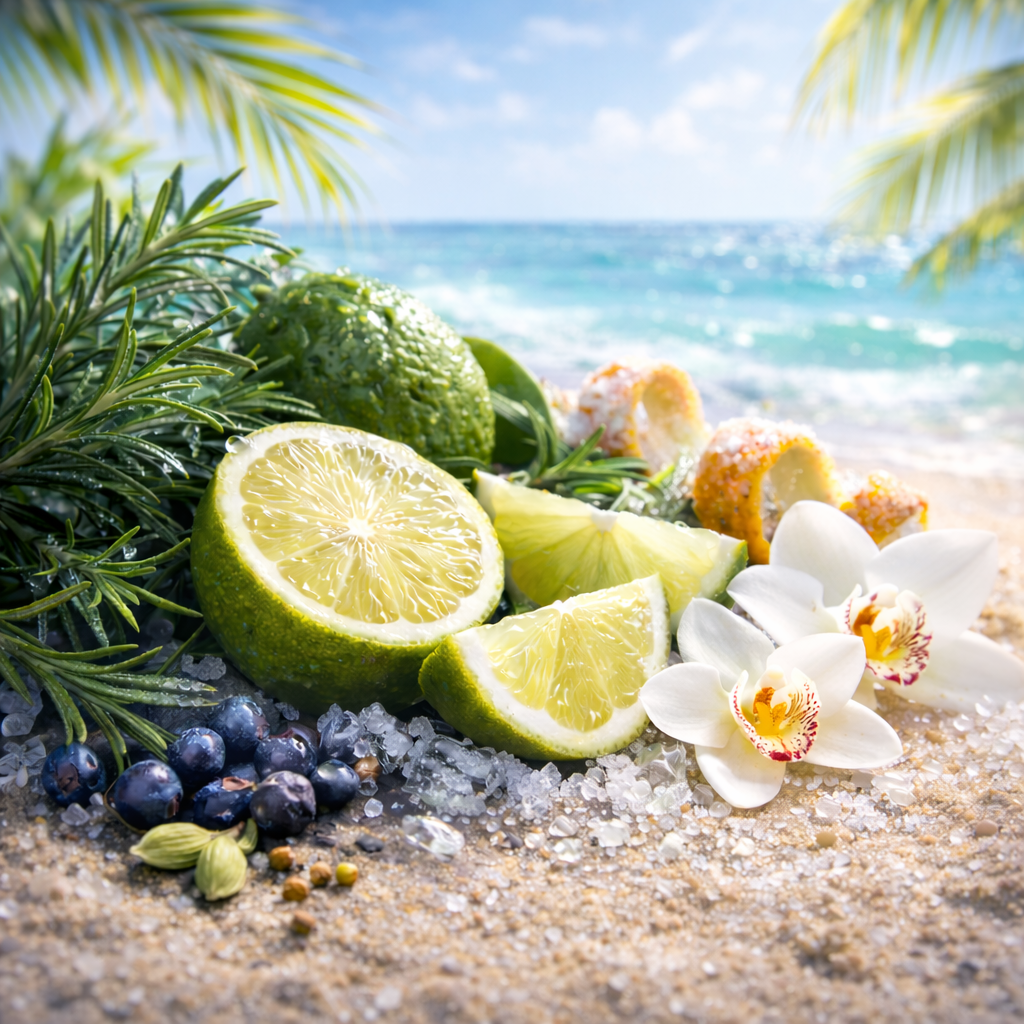 Limes, lemons, sea salt, and flowers on a sandy beach with ocean and palm trees in the background