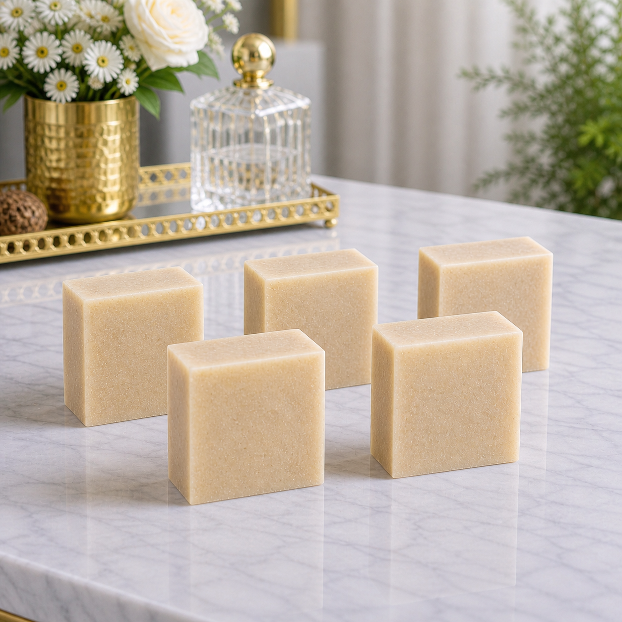 Five almond coconut soap bars on a marble counter top.
