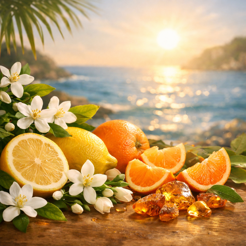 Lemons and mandarin orange slices with orange blossom and jasmine flowers beside warm amber resin on a sunlit coastal background.