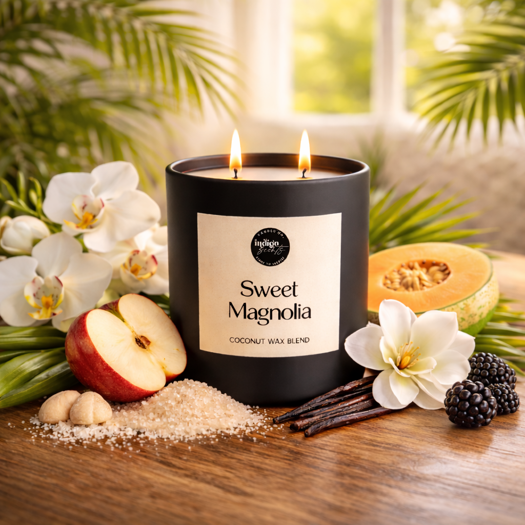 Sweet Magnolia candle by Indigo Scents surrounded by magnolia flowers, apple, melon, vanilla beans, sugar crystals, and blackberries