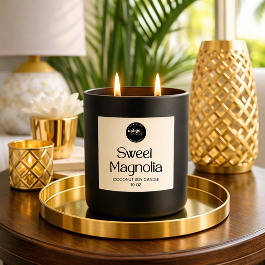 Sweet Magnolia coconut wax candle in a matte black jar with cream label, styled with fresh florals and fruit in natural light