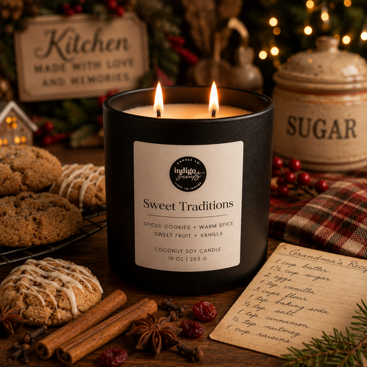 An Indigo Scents matte black candle labeled “Sweet Traditions” sits beside a cooling tray of spiced cookies, a handwritten recipe card, cinnamon sticks, and vintage holiday décor in warm candlelight.