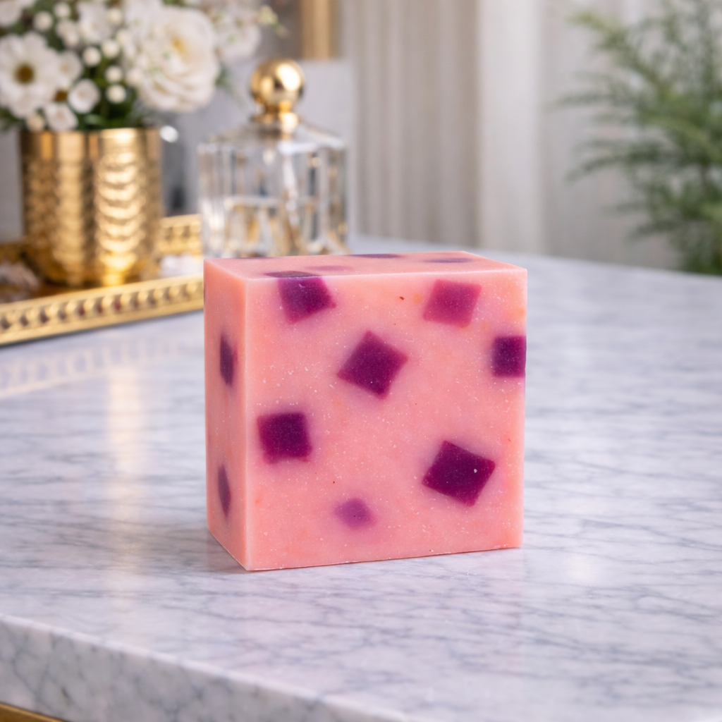 Pink and purple speckled candle on a marble surface with decorative items in the background