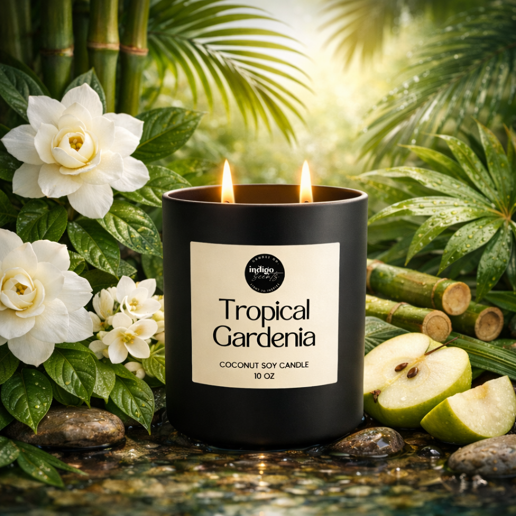 Tropical Gardenia coconut soy candle in a matte black jar surrounded by white gardenia flowers, bamboo, and tropical greenery in a serene outdoor setting.