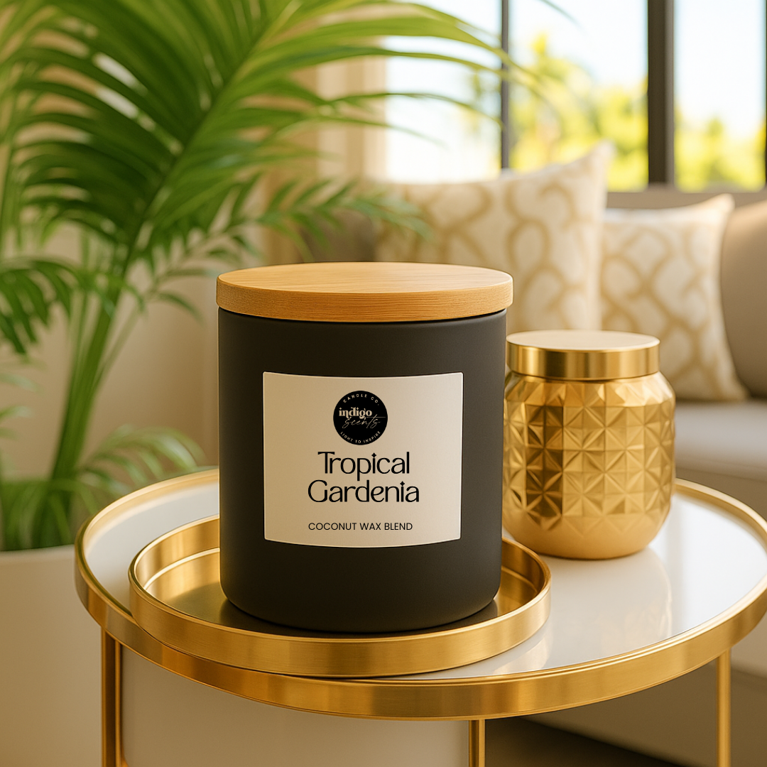 Tropical Gardenia coconut wax candle in a black jar with a natural wooden lid styled on a gold accent table in a modern living space.