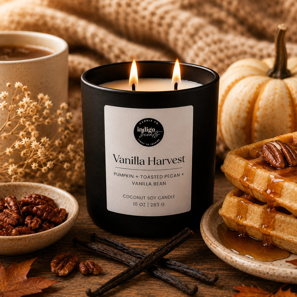 A matte black Indigo Scents candle labeled Vanilla Harvest sits on a rustic wooden table surrounded by pumpkin, toasted pecans, vanilla beans, waffles drizzled with maple syrup, and soft knit textiles in warm autumn lighting.”