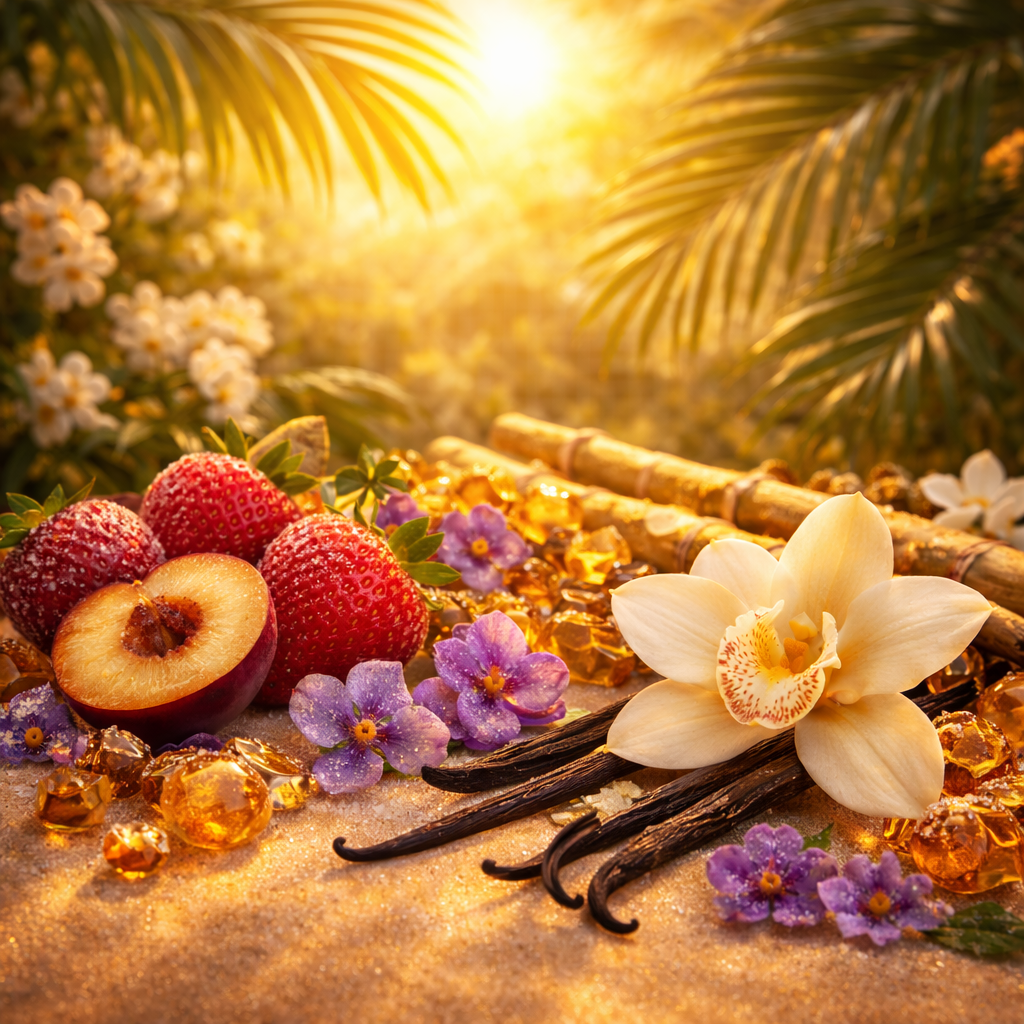Alt Text:
Square fragrance still life featuring strawberries and plum with sugared violet flowers, vanilla orchid, vanilla bean pods, and golden amber crystals in warm sunset lighting.