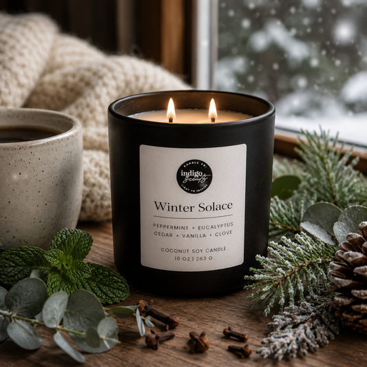 An Indigo Scents matte black candle labeled “Winter Solace” sits on a wooden table surrounded by evergreen sprigs, a steaming mug, folded knit blanket, and softly falling snow outside a nearby window.