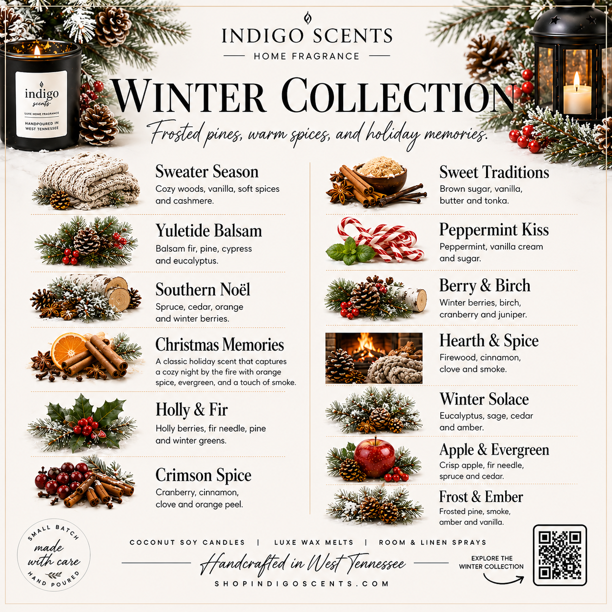 A digital graphic displaying the 'Winter Collection' scents from Indigo Scents, featuring a grid of twelve holiday-themed fragrance options with corresponding illustrations of spices, pinecones, candy, and winter elements. The left side includes a mockup of a scented candle, and the bottom features branding details.