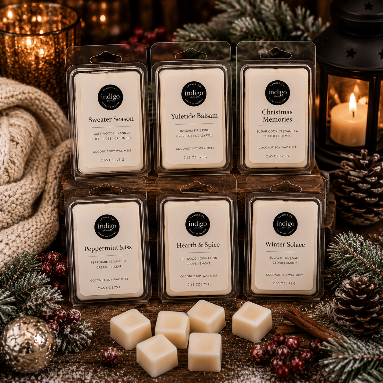 Six Indigo wax melts in clear clamshell packaging and six cream-colored wax cubes arranged on a rustic wooden surface, surrounded by holiday decor including pine branches, candles, pinecones, and a knitted scarf.