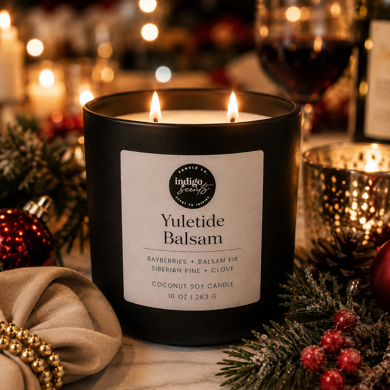 A black candle jar labeled 'Yuletide Balsam' by Indigo Scents, lit with two flames, set on a wooden surface surrounded by pine branches, berries, and a lantern in a festive holiday setting.