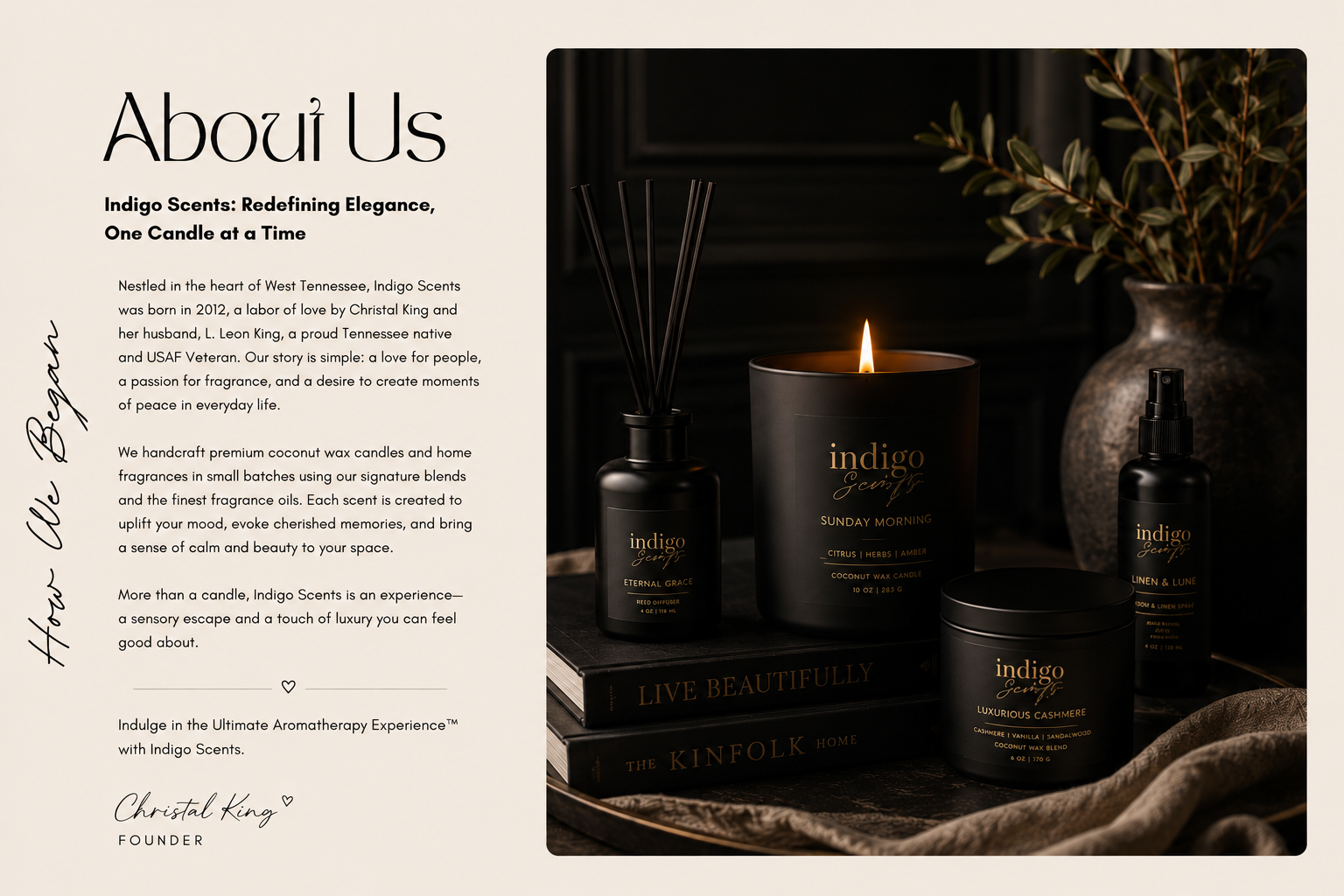 Indigo Scents candle and diffuser set with branding and product display.