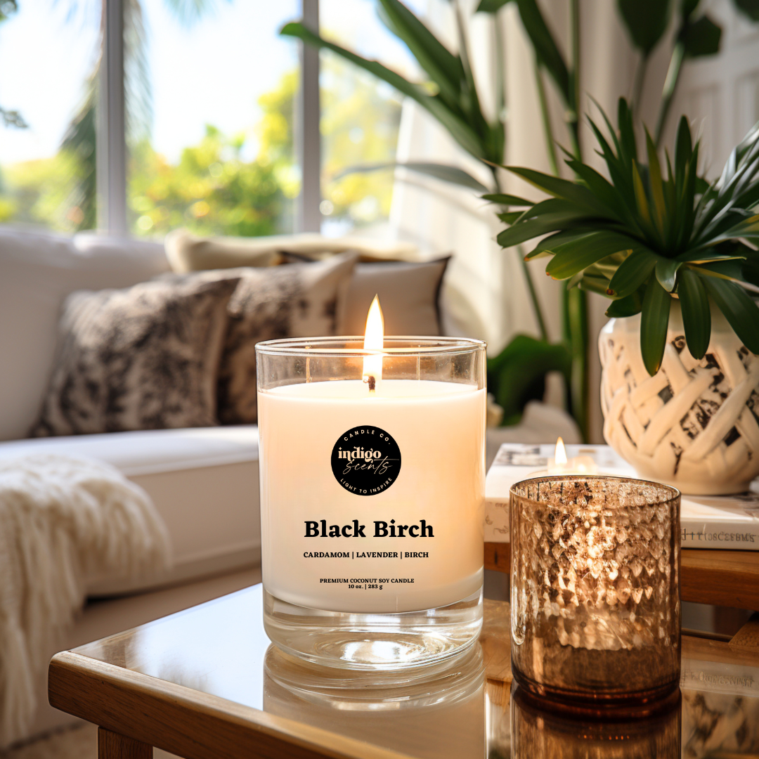 Black Birch spicy sophisticated candle in clear vessel