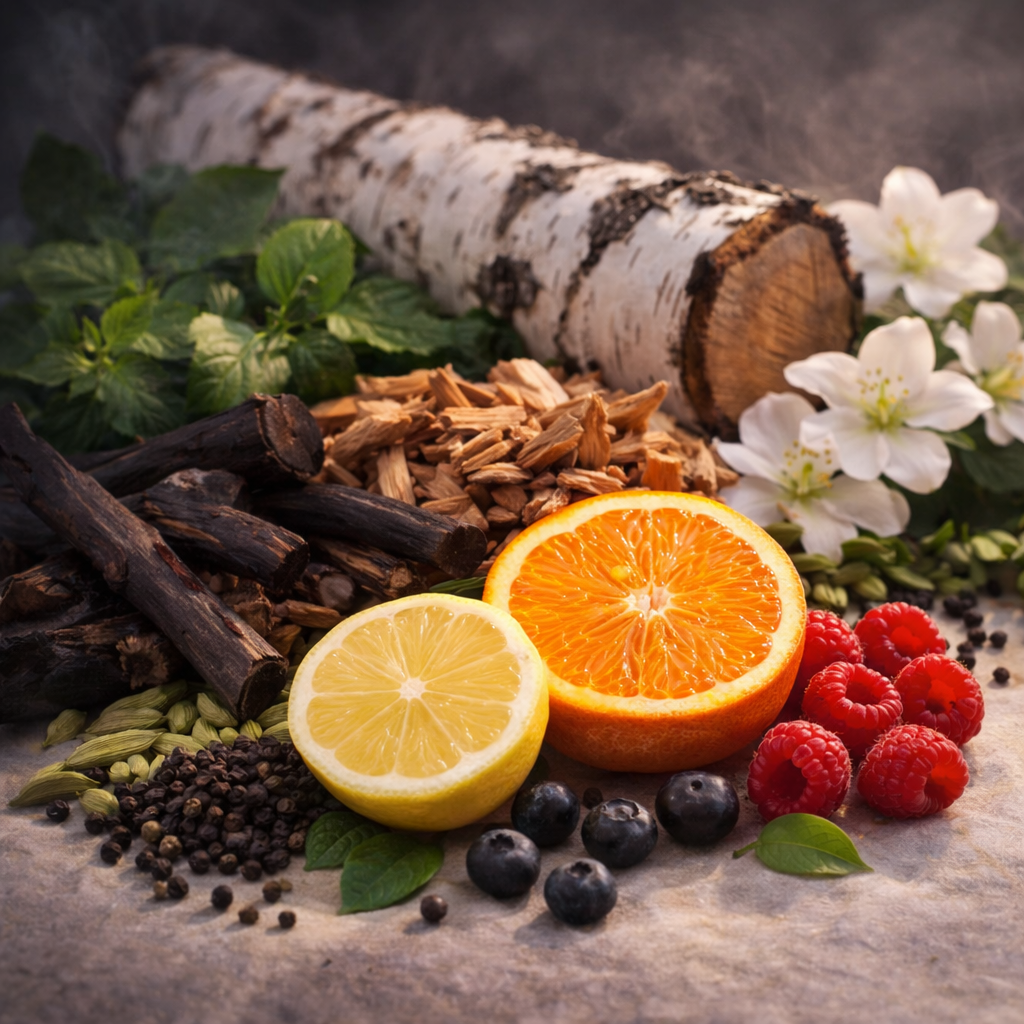 Spices, fruits, and flowers arranged on a stone surface with a birch log in the background.