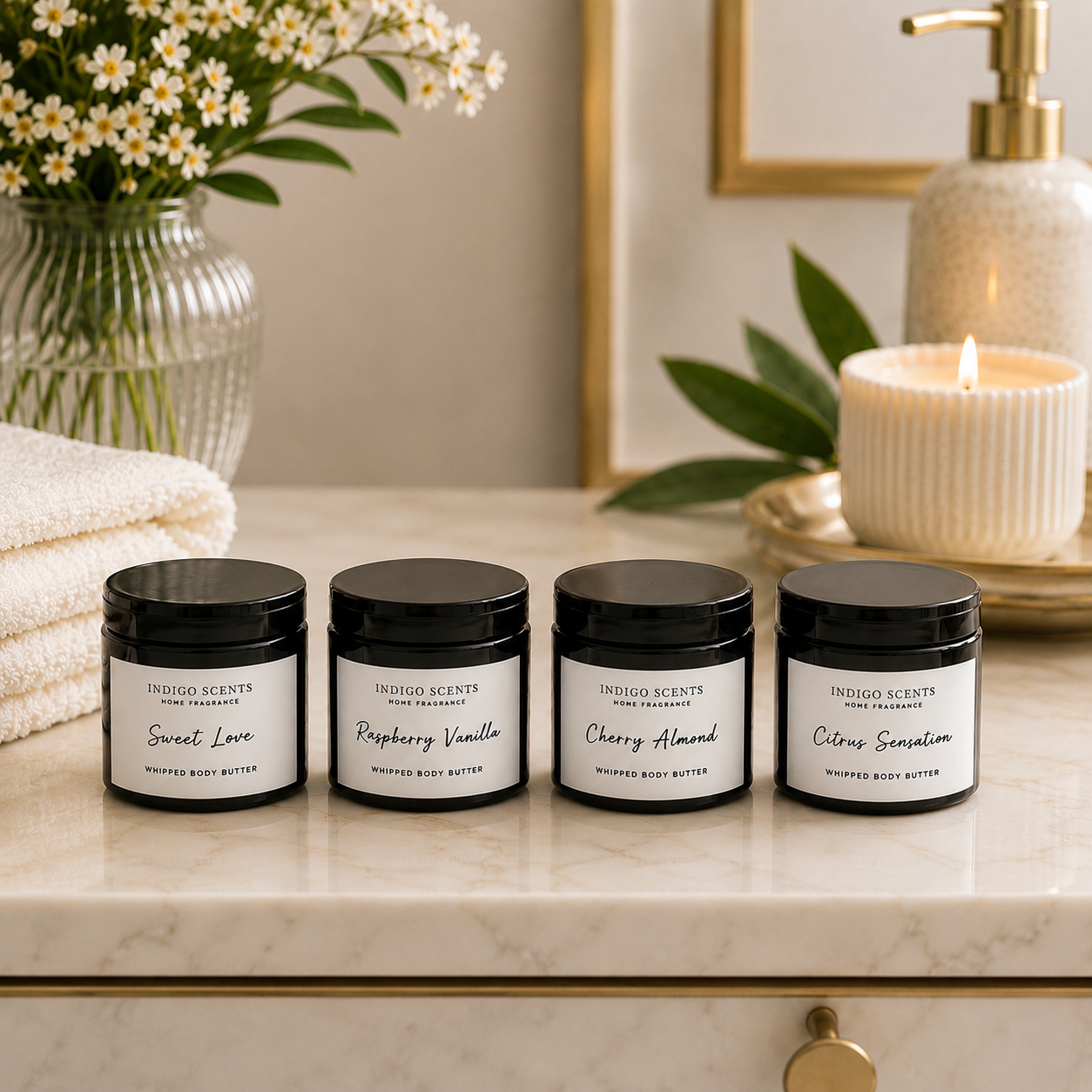 Four jars of Indigo Scents body butter on a bathroom counter with decorative elements.