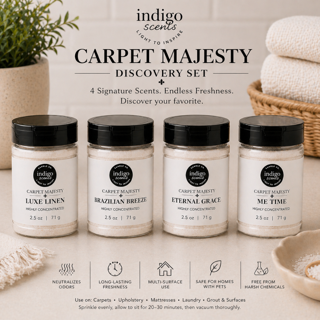 Indigo Scents Carpet Majesty Discovery Set with four scented jars on a neutral background.